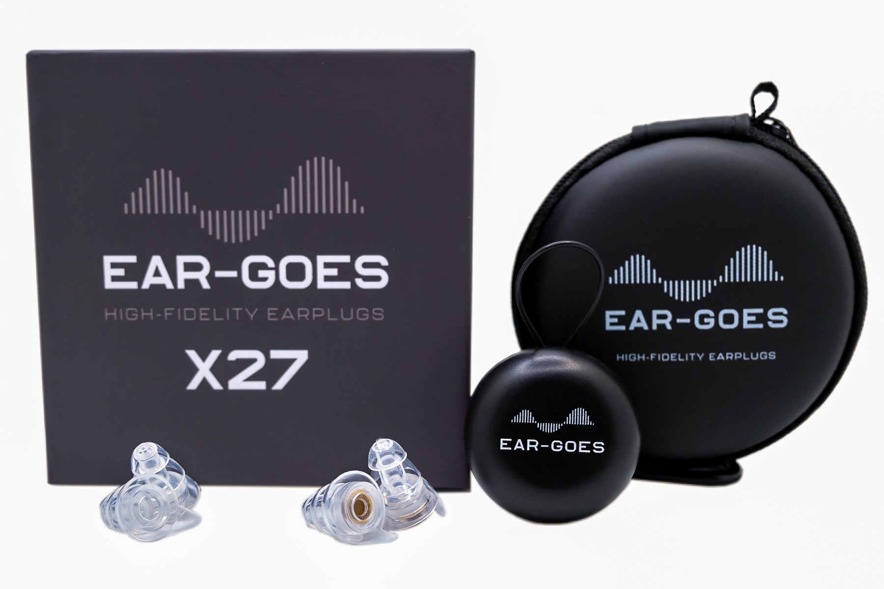 Ear-Goes high fidelity X27 earplugs with black clamshell and zippered case in front of a white background.